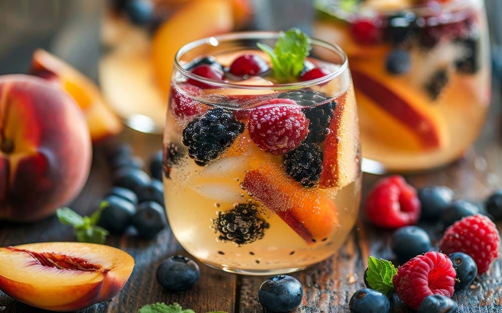 Elderflower and peach spritz cocktail recipe with gin and berries